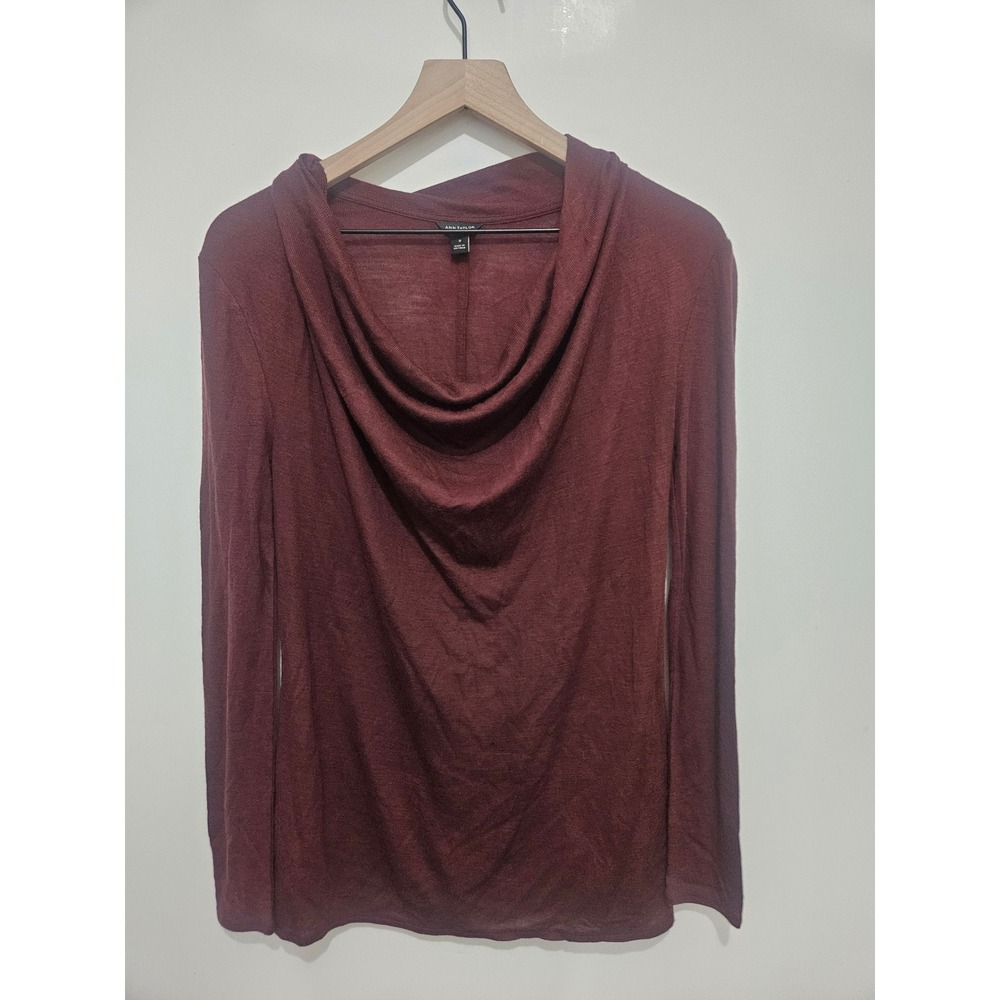 Ann Taylor Burgundy Wool Blend Cowl‎ Neck Long Sleeve Top Medium Maroon Ribbed